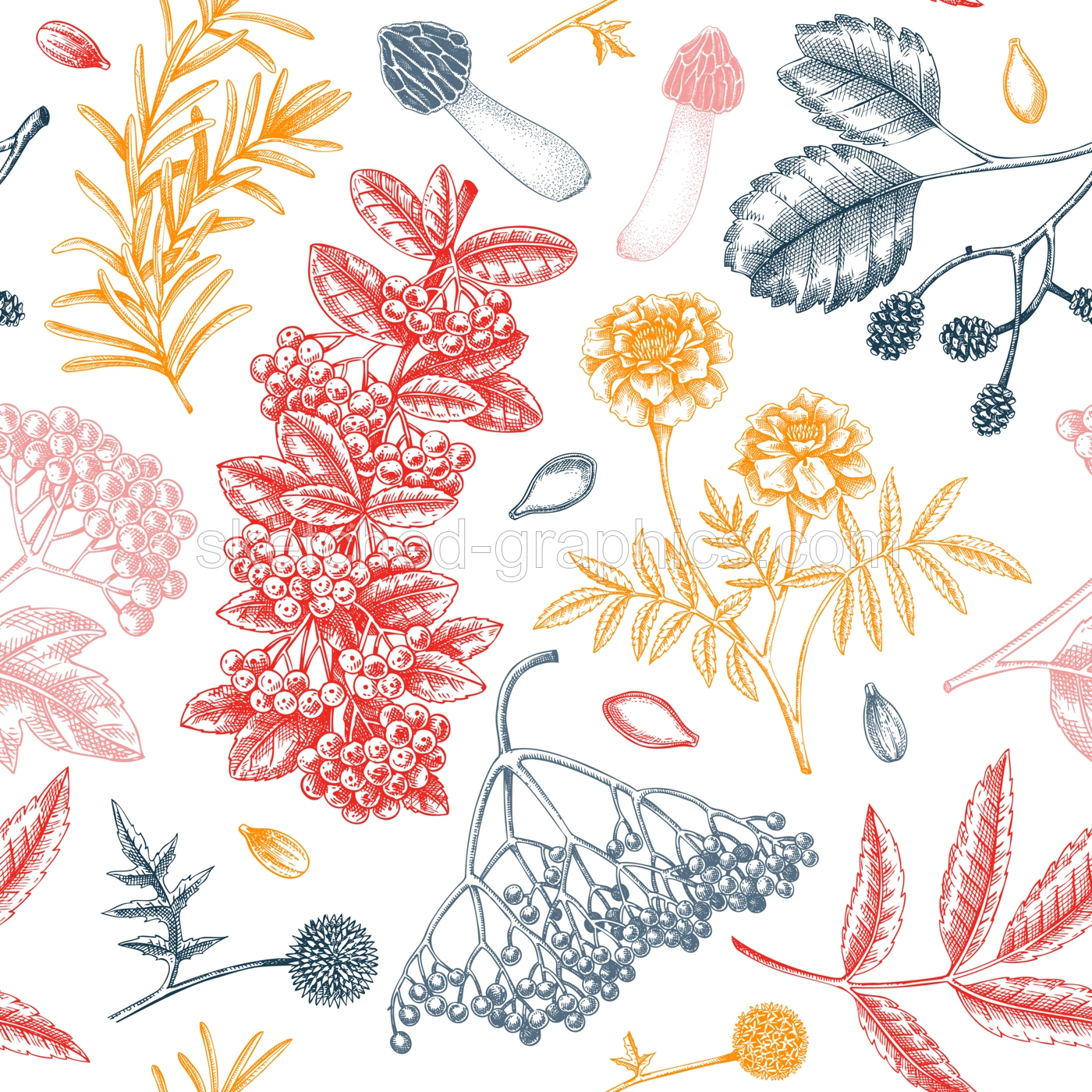 Vintage autumn seamless pattern. Thanksgiving background. Fall leaves, pumpkins, berries, mushrooms sketches. Hand-drawn vector illustration. NOT AI generated Illustration